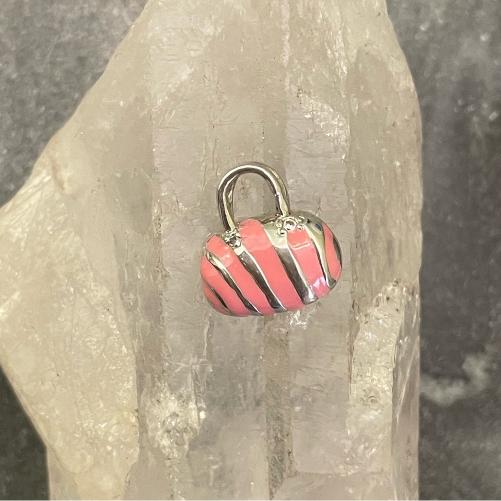 Vintage Pink Enamel Sterling Silver Purse Bracelet Charm